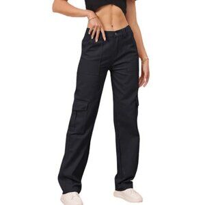 THWEI Black Medium — Wide Leg Cargo Pants 6 Pockets, Elastic Waist, Hip-Hop Y2K